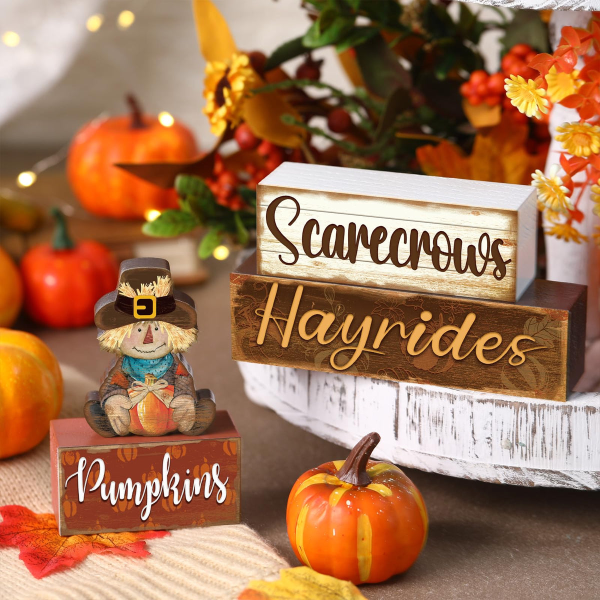 4 Pcs Fall Decor for Home Hello Fall Wooden Signs with Ice Cream Cup