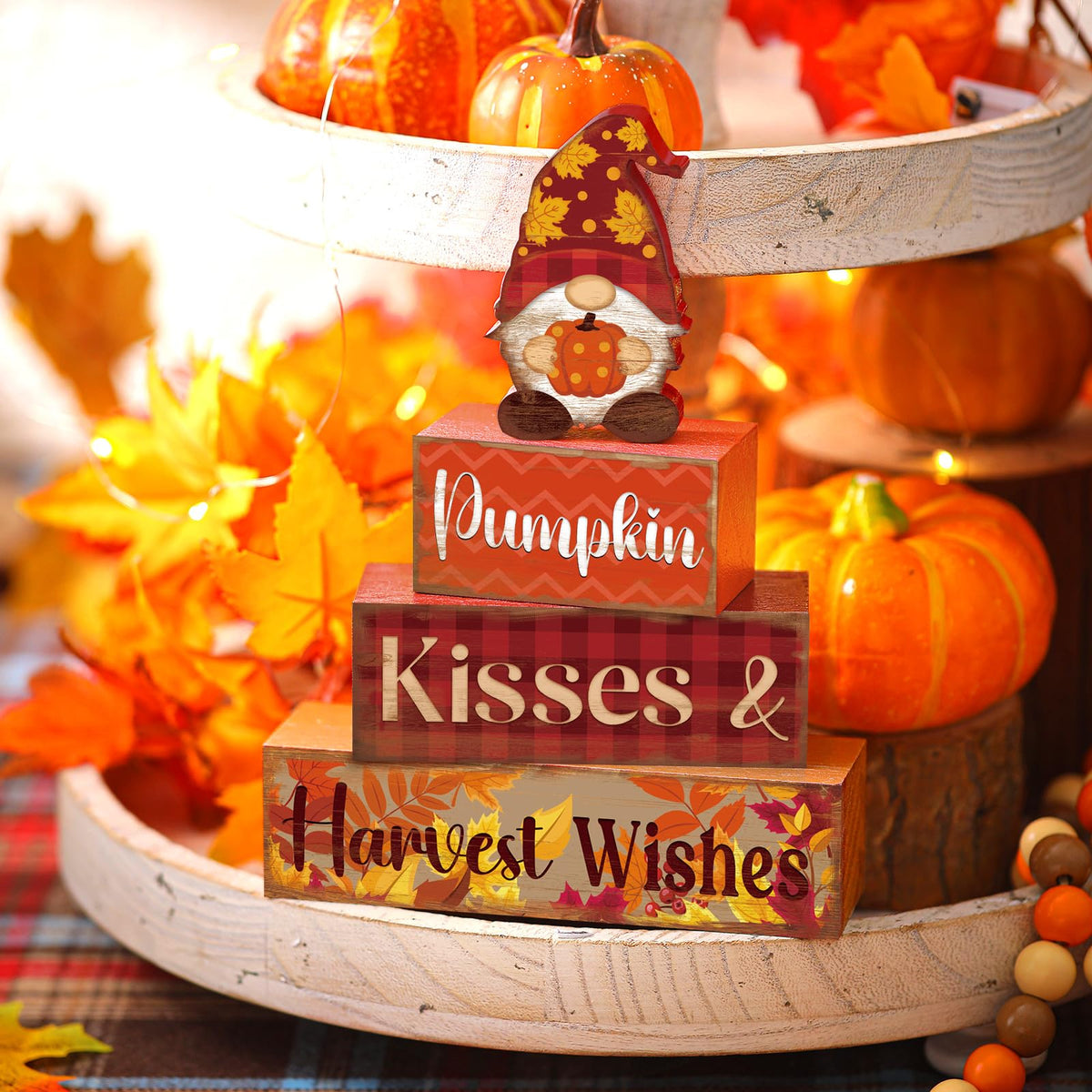 4 Pcs Fall Decor for Home Hello Fall Wooden Signs with Ice Cream Cup
