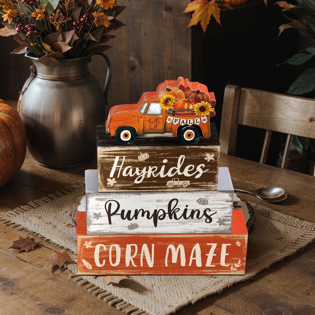 4 Pcs Fall Decor for Home Hello Fall Wooden Signs with Ice Cream Cup