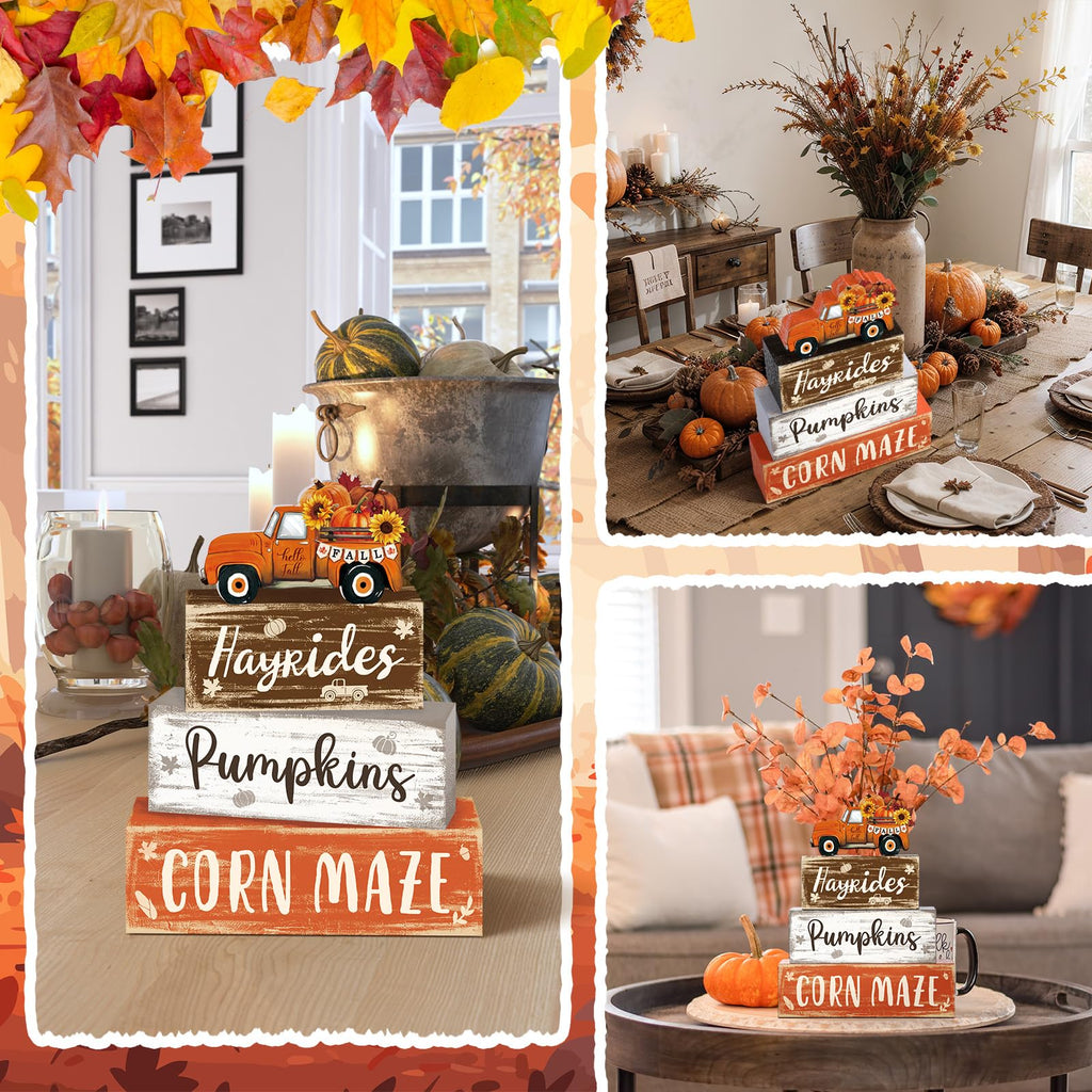 4 Pcs Fall Decor for Home Hello Fall Wooden Signs with Ice Cream Cup