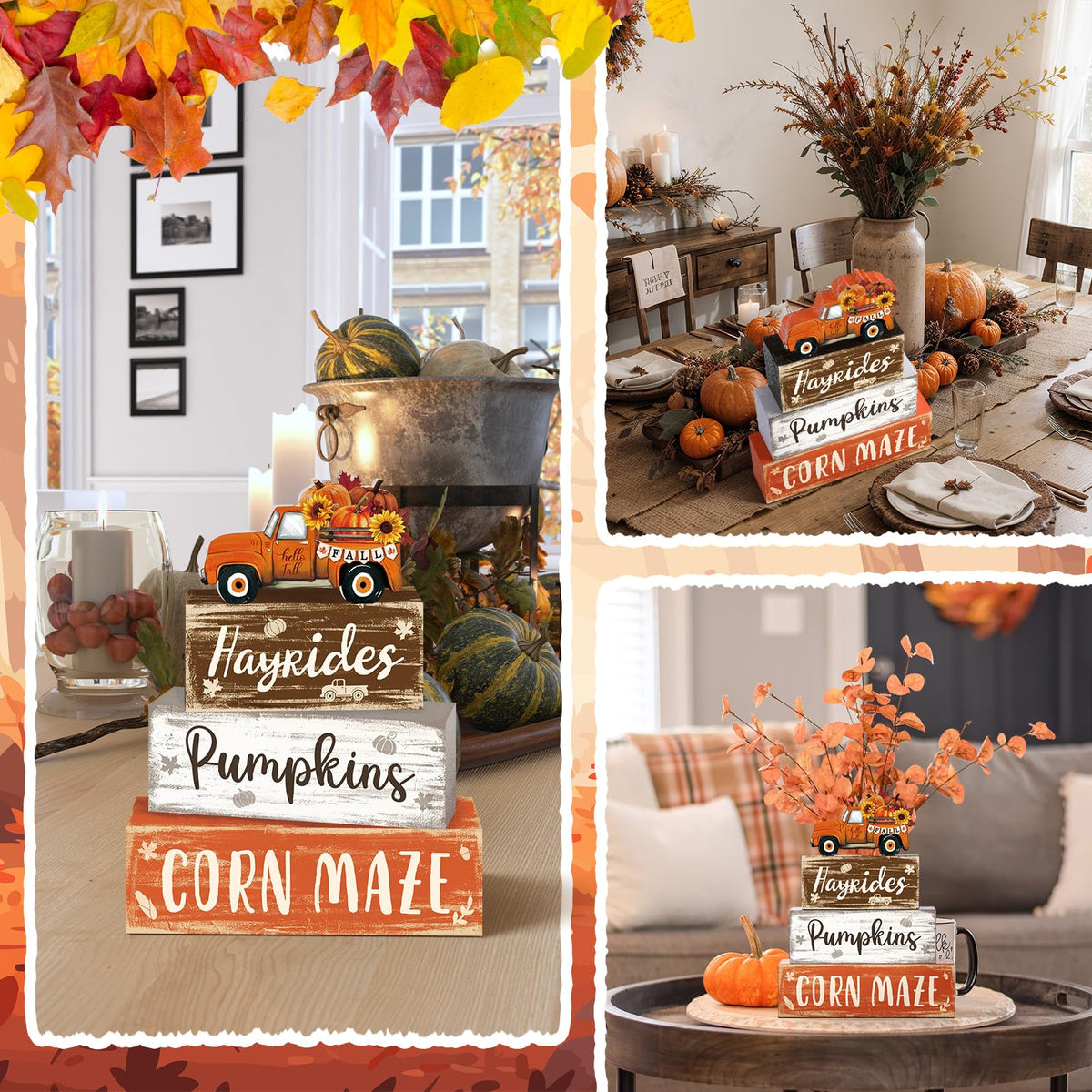 4 Pcs Fall Decor for Home Hello Fall Wooden Signs with Ice Cream Cup