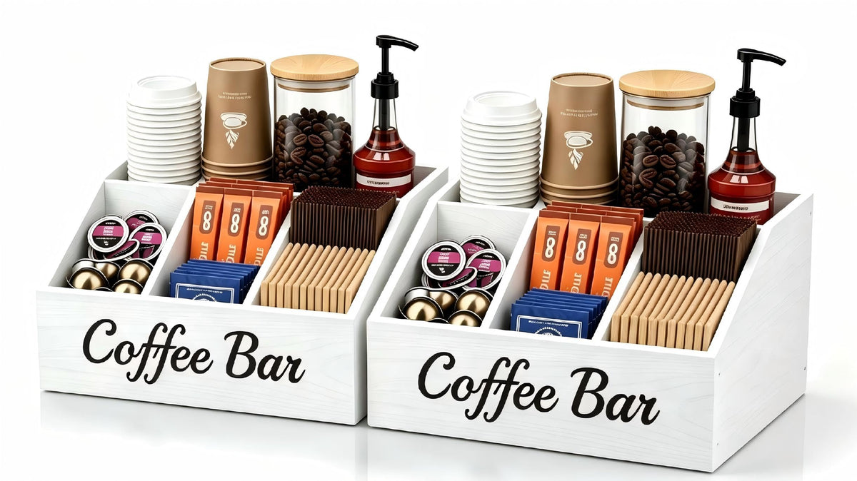 Coffee Station Organizer for Countertop – Wooden Coffee Bar Organizer with Adjustable Dividers,Holds K Cup Pod & syrup bottles, for Kitchen, Office, or Bar and Tea Station, Black