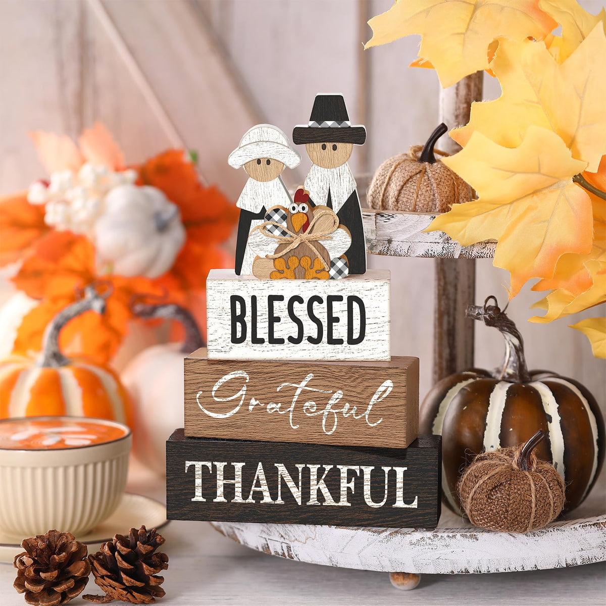 4 Pcs Fall Decor for Home Hello Fall Wooden Signs with Ice Cream Cup