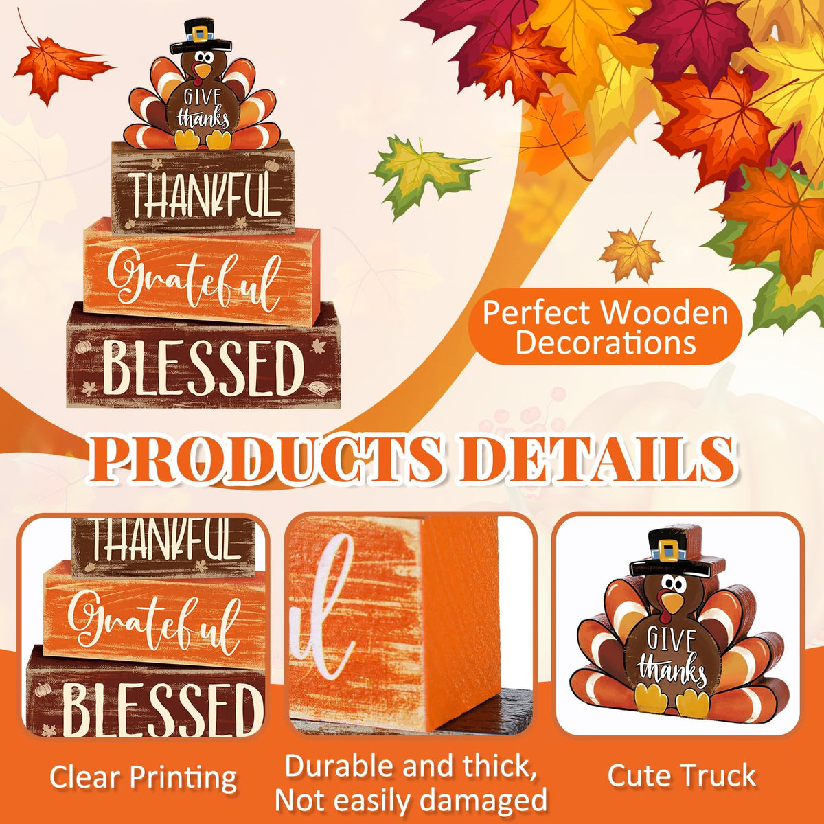 4 Pcs Fall Decor for Home Hello Fall Wooden Signs with Ice Cream Cup
