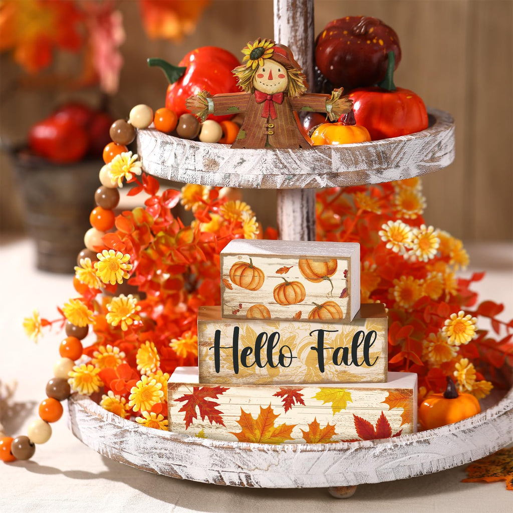 4 Pcs Fall Decor for Home Hello Fall Wooden Signs with Ice Cream Cup