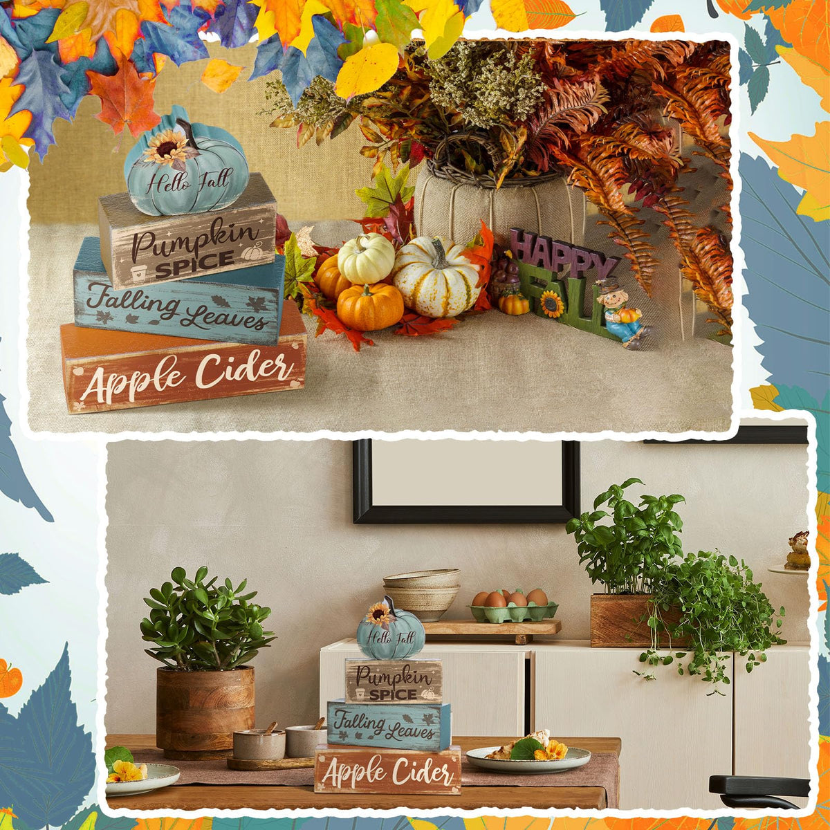 4 Pcs Fall Decor for Home Hello Fall Wooden Signs with Ice Cream Cup