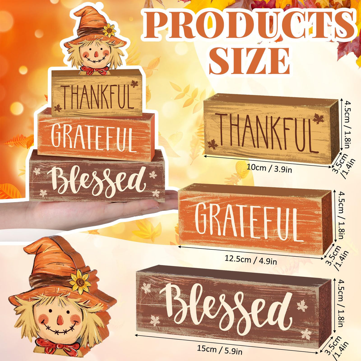 4 Pcs Fall Decor for Home Hello Fall Wooden Signs with Ice Cream Cup