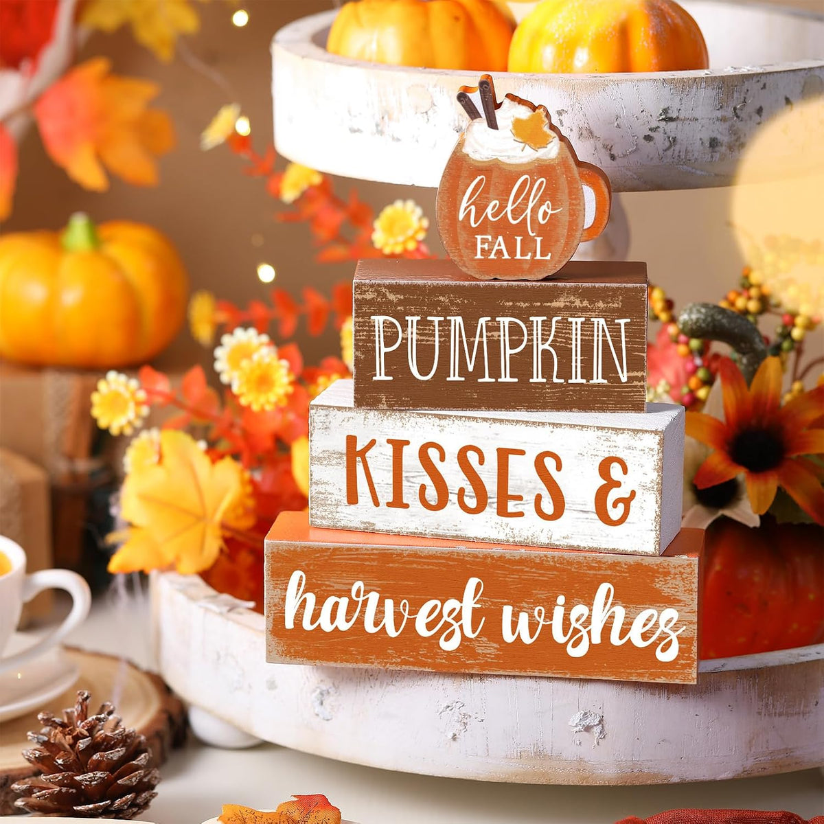 4 Pcs Fall Decor for Home Hello Fall Wooden Signs with Ice Cream Cup