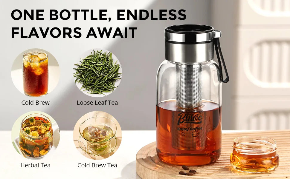 Bin Coo Glass Cold Brew Coffee & Tea Maker with Stainless Steel Infuser