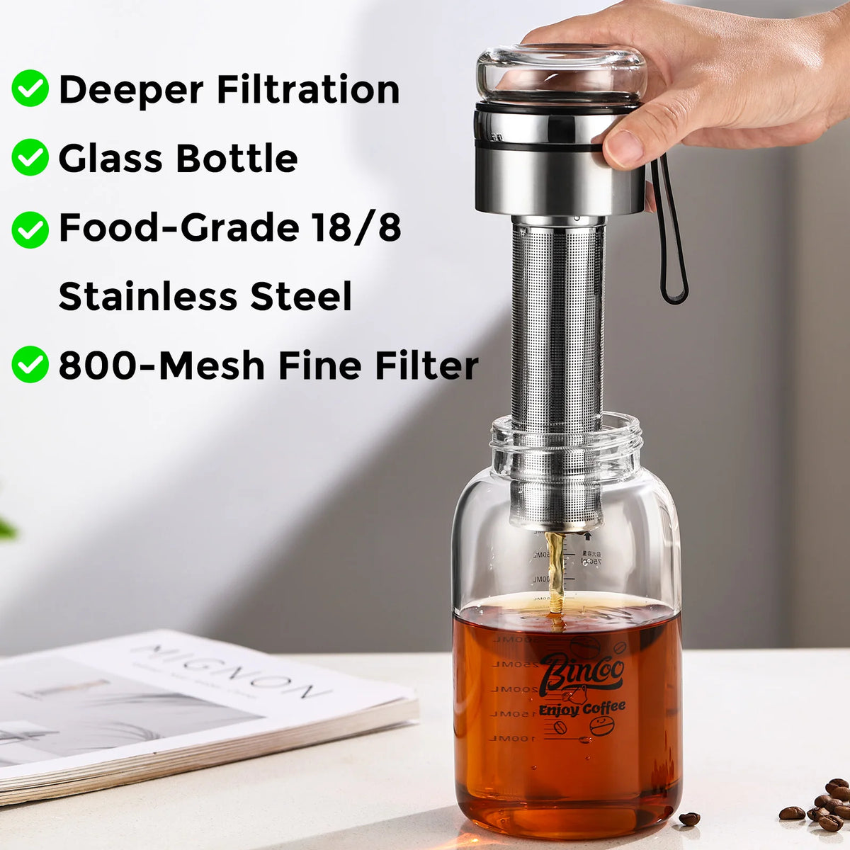 Bin Coo Glass Cold Brew Coffee & Tea Maker with Stainless Steel Infuser