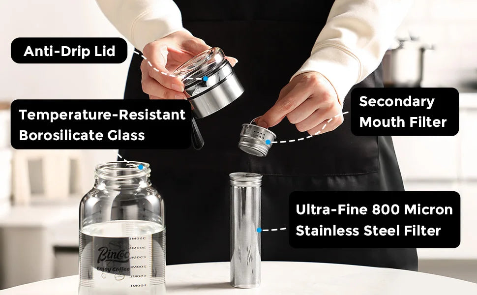Bin Coo Glass Cold Brew Coffee & Tea Maker with Stainless Steel Infuser