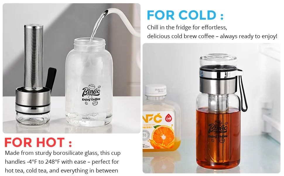 Bin Coo Glass Cold Brew Coffee & Tea Maker with Stainless Steel Infuser