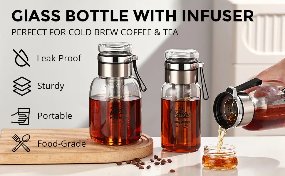 Bin Coo Glass Cold Brew Coffee & Tea Maker with Stainless Steel Infuser